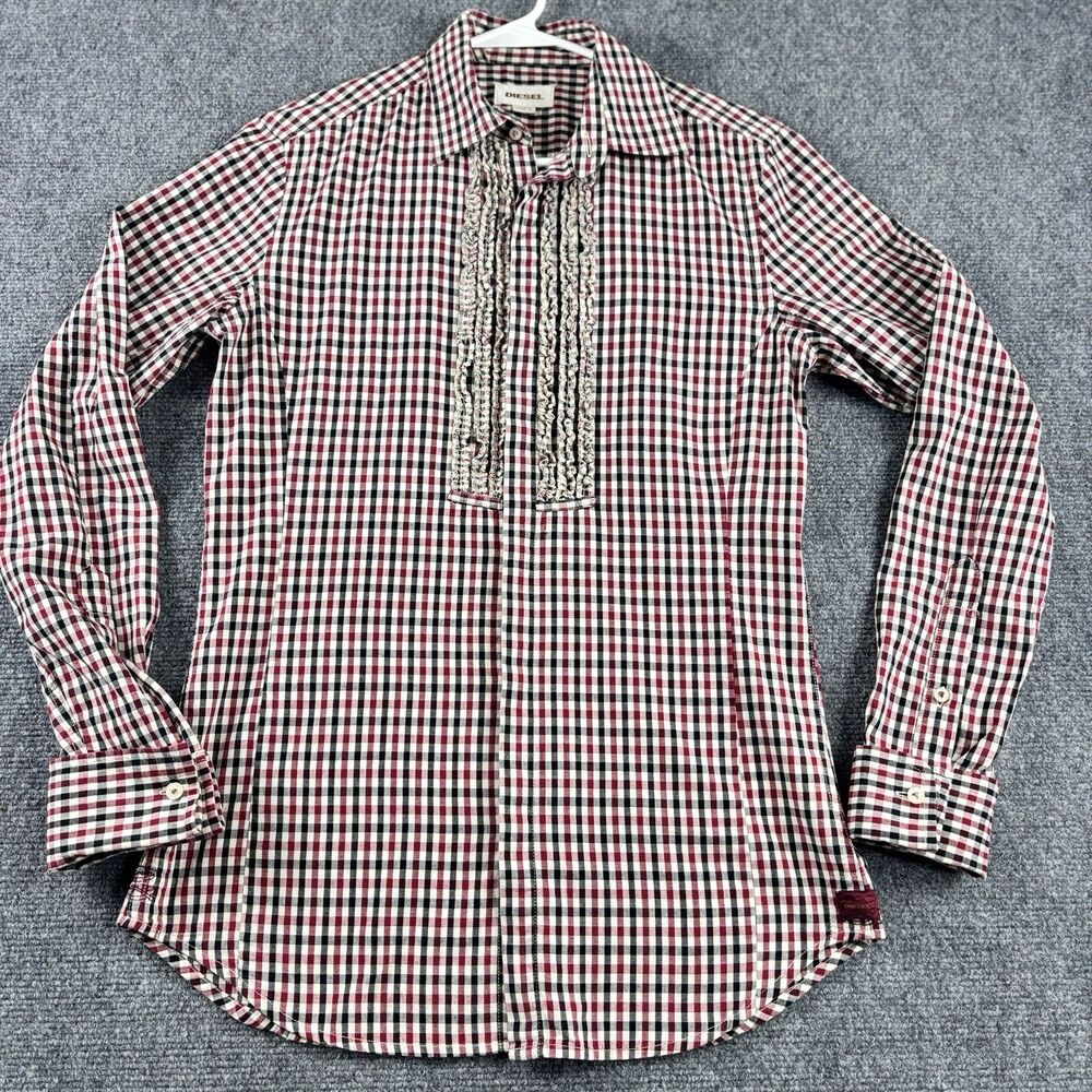 Diesel Womens S Shirt Red Gingham Ruffle Long Sleeve Cotton